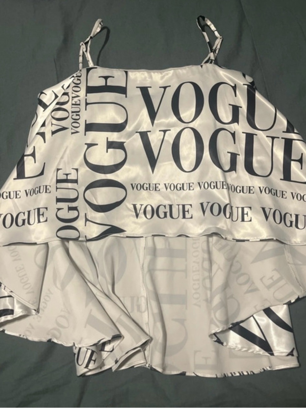 AKIRA White Satin VOGUE Top with Black Print